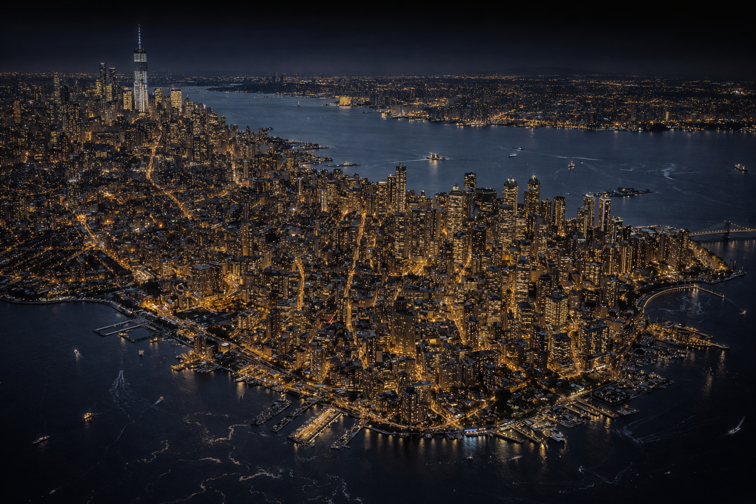 Aerial view of Manhattan at night representing the Luxe AI partner network