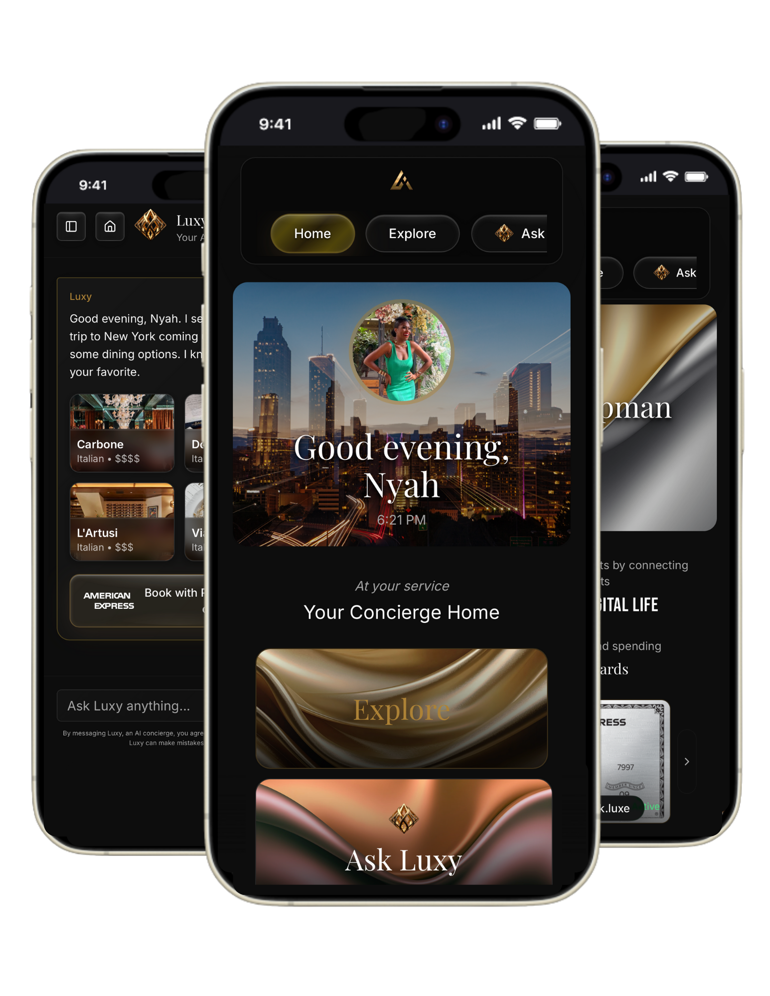 LUXE AI phone mockups showcasing the concierge experience